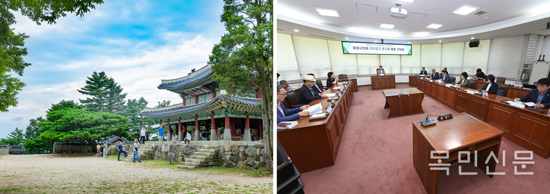  화성시 복합문화관광특구 추진 연구회(왼쪽)가 남한산성을 둘러보고 있는 모습과 자치법규 연구회가 하남시의회에서 질의응답 등 소통의 시간을 갖고 있다. <사진=화성시의회>